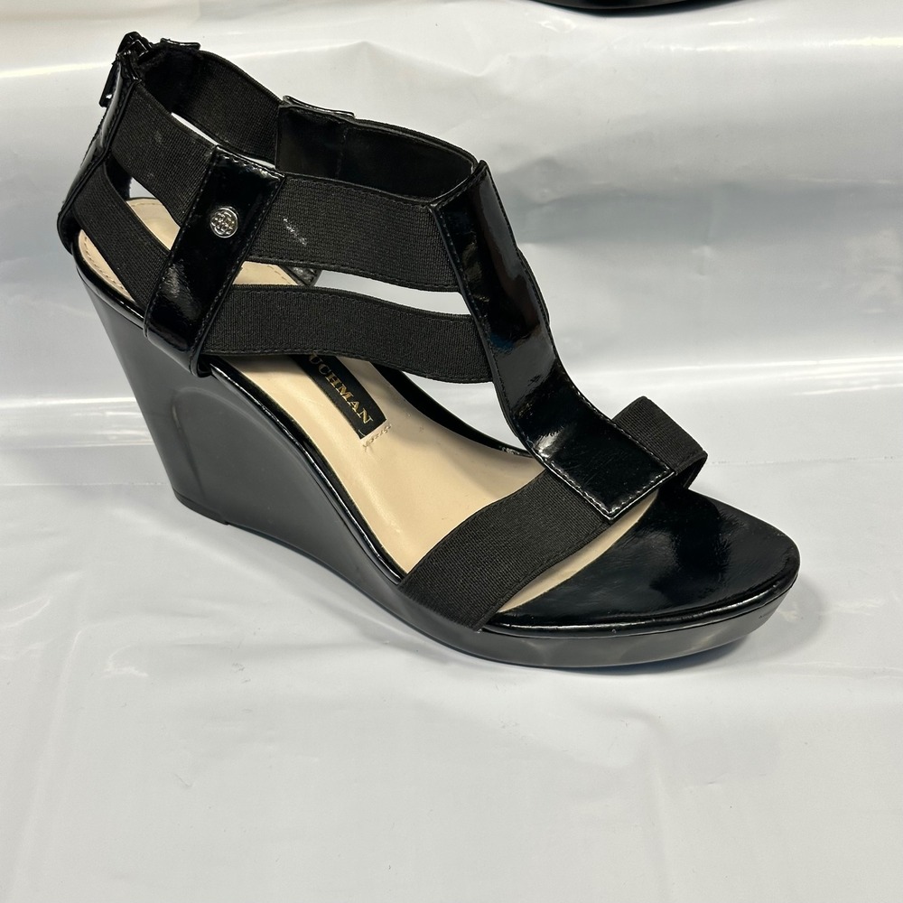 Dana Buchman Wedge Sandals Womens 8 Black Patent Elastic Strappy Excellent